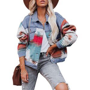 Women's Orange  Denim Jacket Distressed Lapel Long Sleeve Vintage Button
